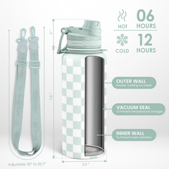Checker Stainless Steel Water Bottle with Strap 32oz, Insulated Bottles with Straw and Spout Lid for Gym Sports Travel Outdoor, Gifts for Women Girls Birthday Christmas