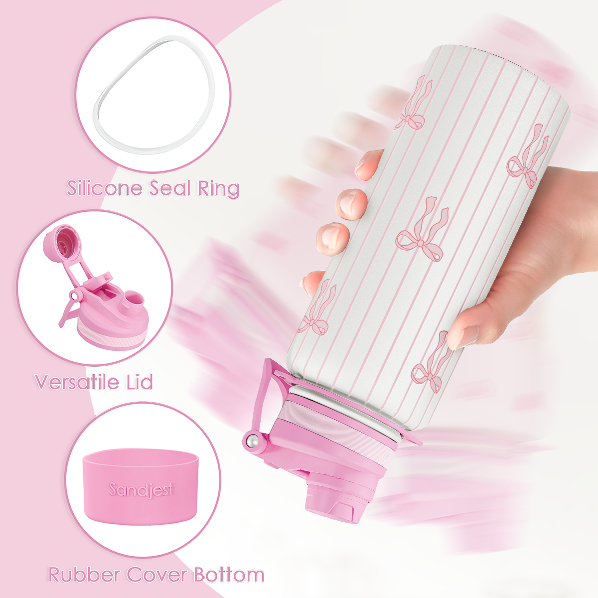Pink and white container with features highlighted on a pink background