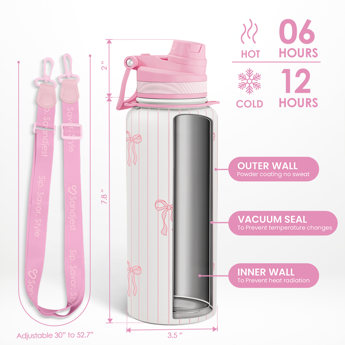 Pink water bottle with measurements and features on a white background