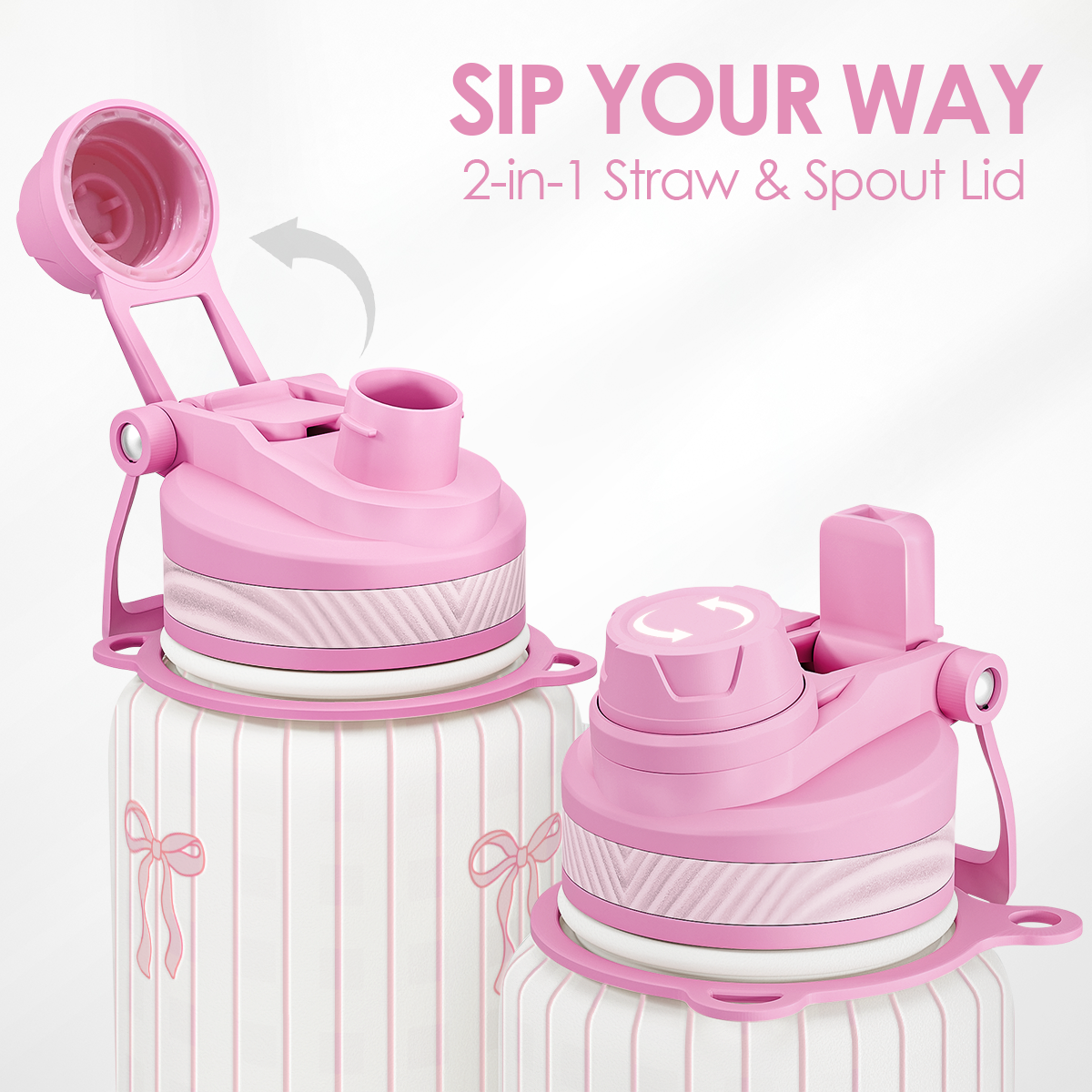 Pink 2-in-1 straw and spout lid on a white background with text 'Sip Your Way'.