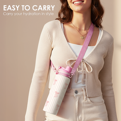 Woman wearing a pink water bottle holder with text 'Easy to carry' on a beige background