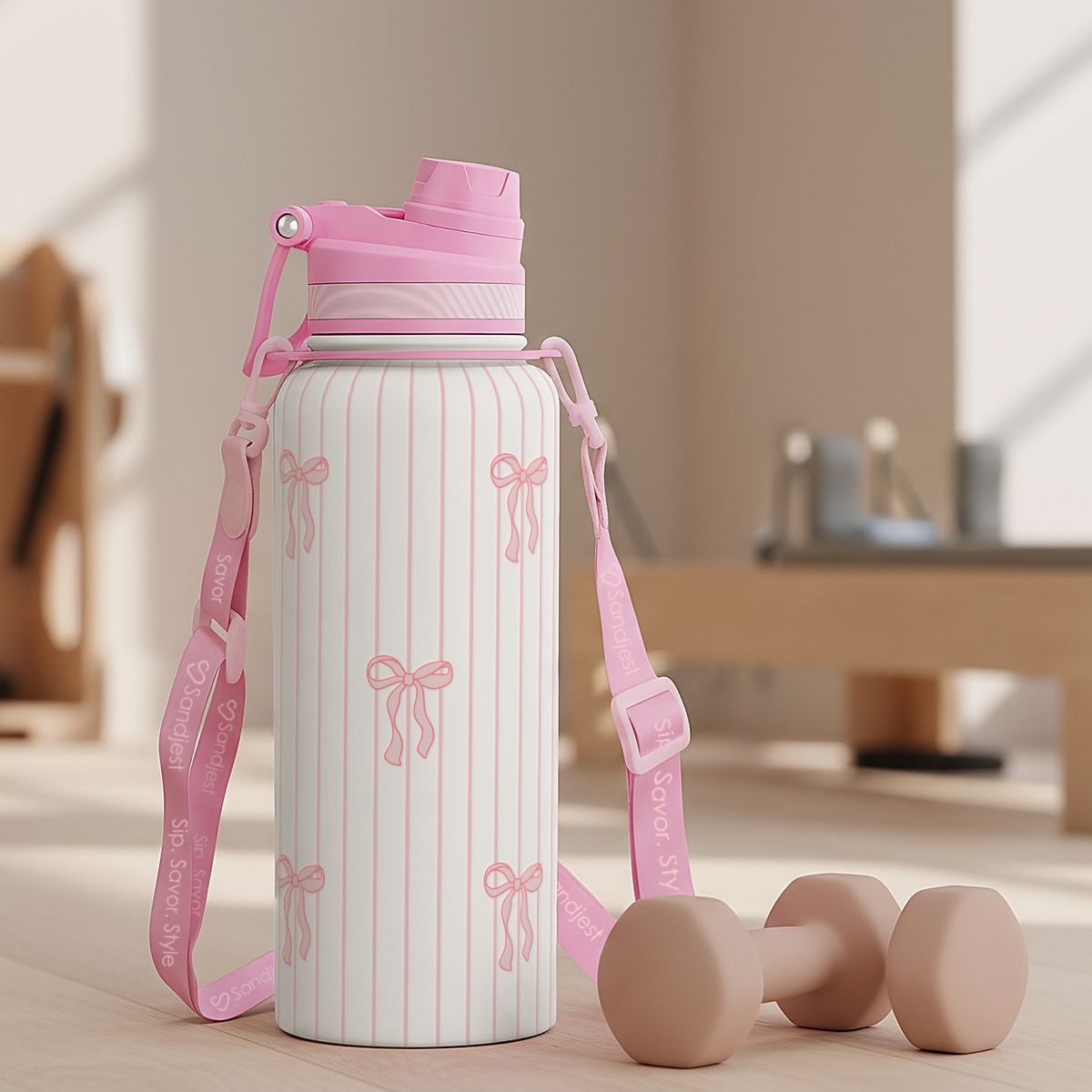 White water bottle with pink bows and a matching pink strap on a wooden floor.