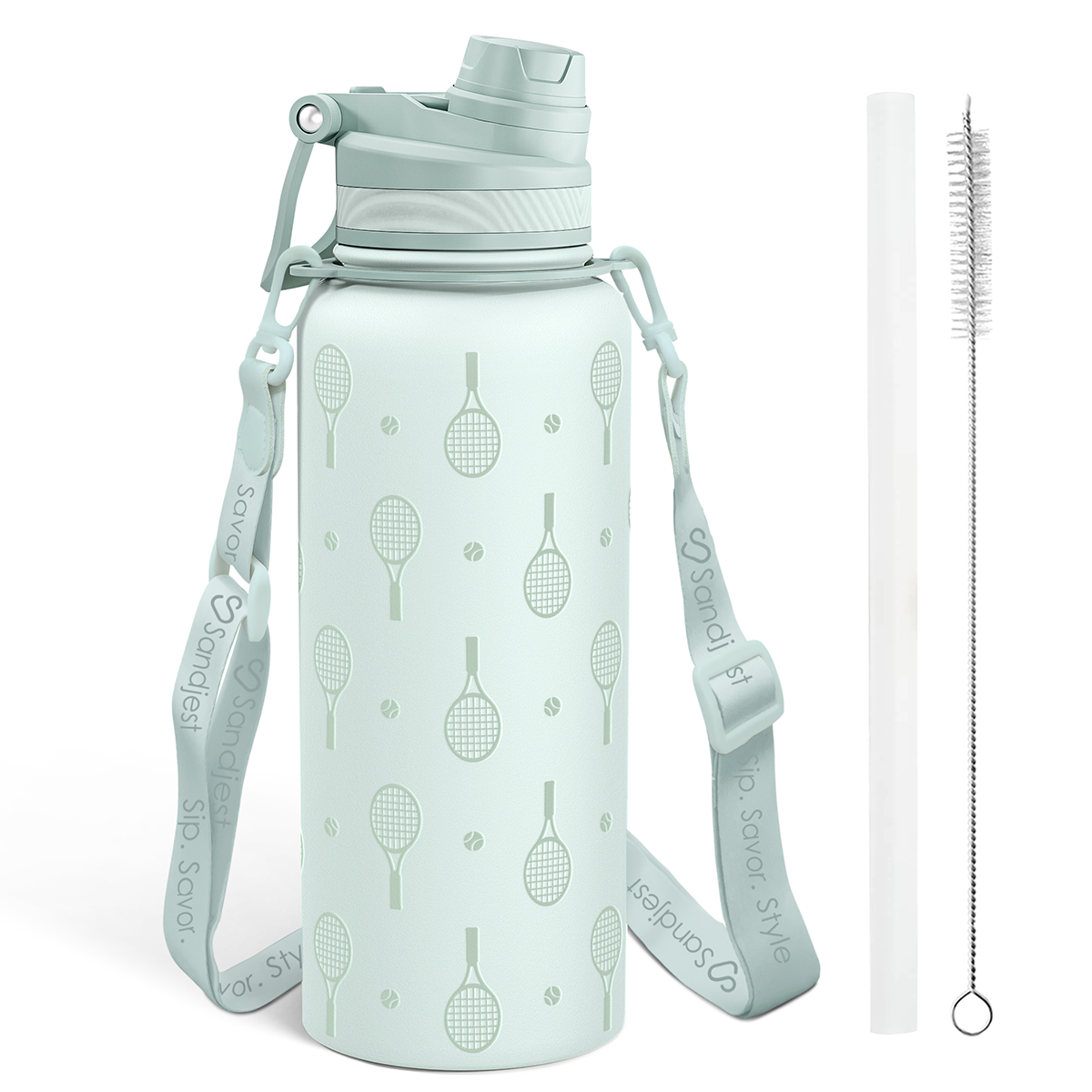 Light blue water bottle with tennis racket pattern, strap, and cleaning brush on a white background