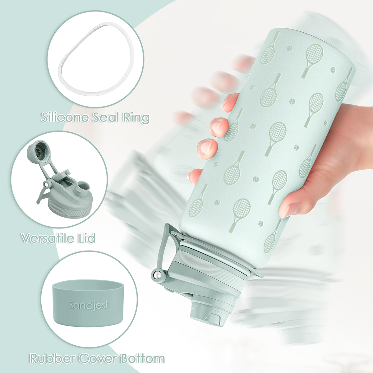 Collapsible water bottle with tennis racket pattern, hand holding it, and close-up details on a light blue background.