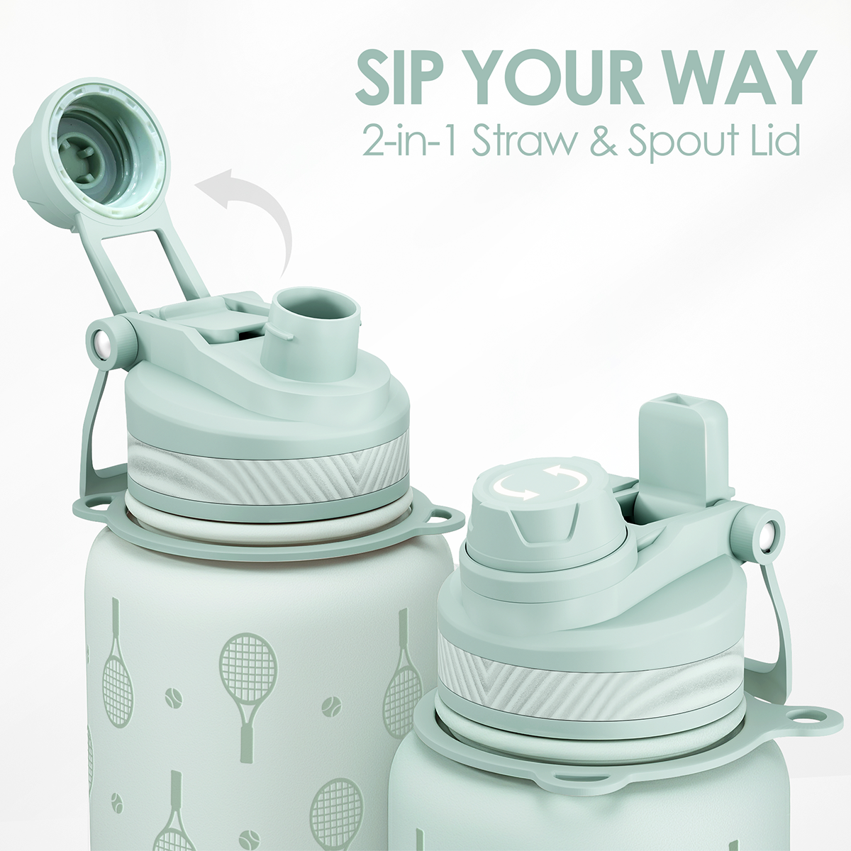 Light blue water bottle with 2-in-1 straw and spout lid on a white background
