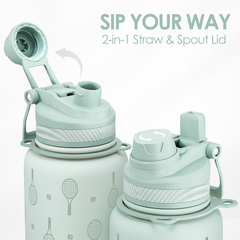 Tennis Stainless Steel Water Bottle with Strap 32oz, Insulated Bottles with Straw and Spout Lid for Gym Sports Travel Outdoor, Gifts for Women Girls Birthday Christmas