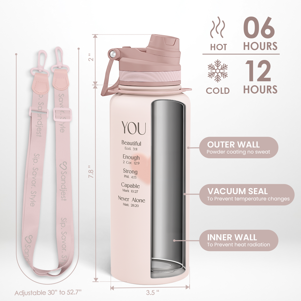 Christian Stainless Steel Water Bottle with Strap 32oz, Insulated Bottles with Straw and Spout Lid for Gym Sports Travel Outdoor, Gifts for Women Girls Birthday Christmas