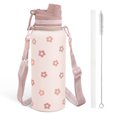 Beige Daisy Stainless Steel Water Bottle with Strap 32oz, Insulated Bottles with Straw and Spout Lid for Gym Sports Travel Outdoor, Gifts for Women Girls Birthday Christmas