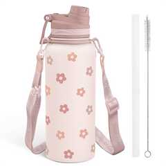 Beige Daisy Stainless Steel Water Bottle with Strap 32oz, Insulated Bottles with Straw and Spout Lid for Gym Sports Travel Outdoor, Gifts for Women Girls Birthday Christmas