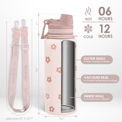 Beige Daisy Stainless Steel Water Bottle with Strap 32oz, Insulated Bottles with Straw and Spout Lid for Gym Sports Travel Outdoor, Gifts for Women Girls Birthday Christmas