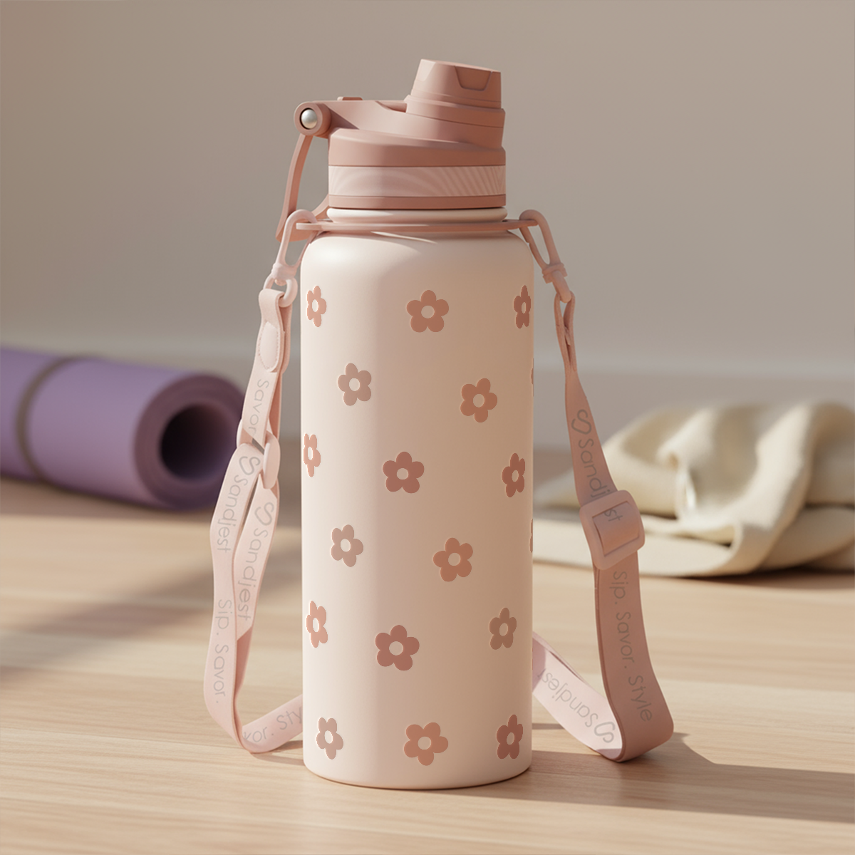 Beige Daisy Stainless Steel Water Bottle with Strap 32oz, Insulated Bottles with Straw and Spout Lid for Gym Sports Travel Outdoor, Gifts for Women Girls Birthday Christmas