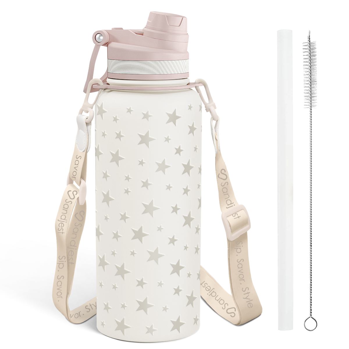 Star-patterned water bottle with pink lid, strap, and cleaning brush on a white background