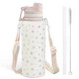 Star-patterned water bottle with pink lid, strap, and cleaning brush on a white background