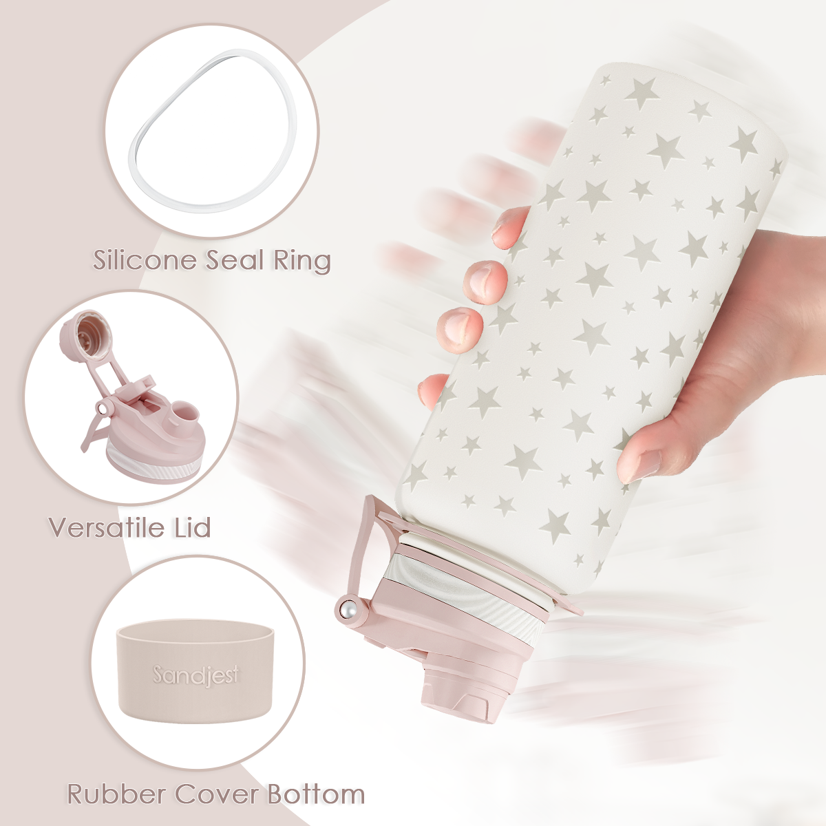 Beige silicone lid on a white container with star pattern, featuring Sandjest branding.