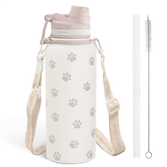 Paw Print Stainless Steel Water Bottle with Strap 32oz, Insulated Bottles with Straw and Spout Lid for Gym Sports Travel Outdoor, Gifts for Women Girls Birthday Christmas