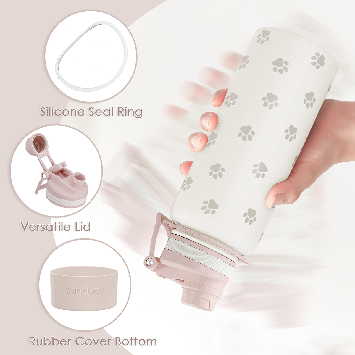 Pink silicone lid with paw print design held by a hand, with close-up insets of features.