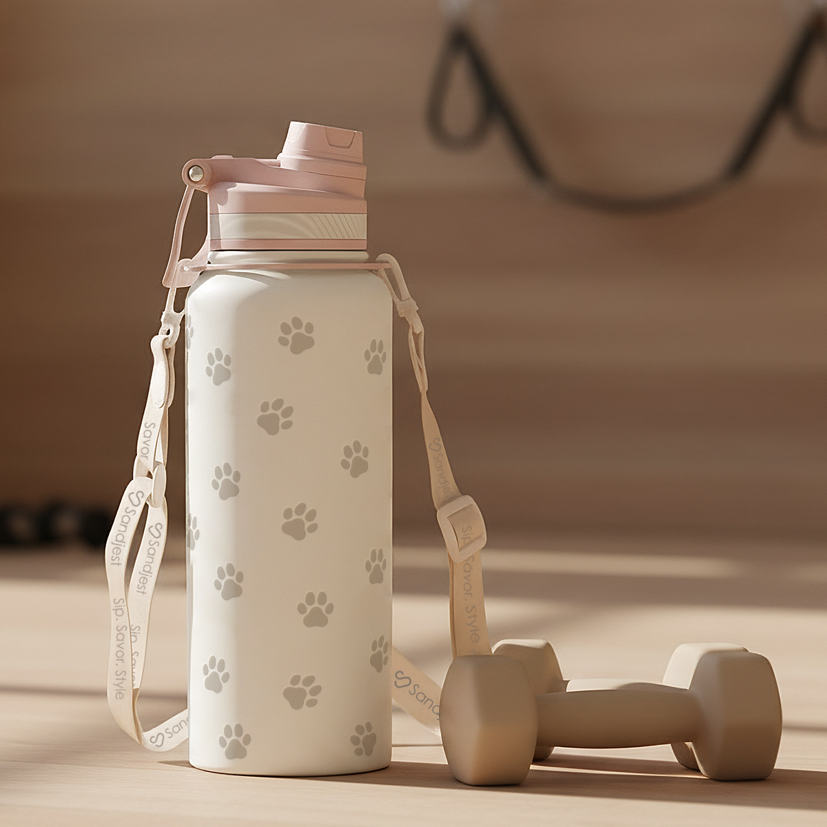 White water bottle with paw prints, pink lid, and strap on a wooden surface.