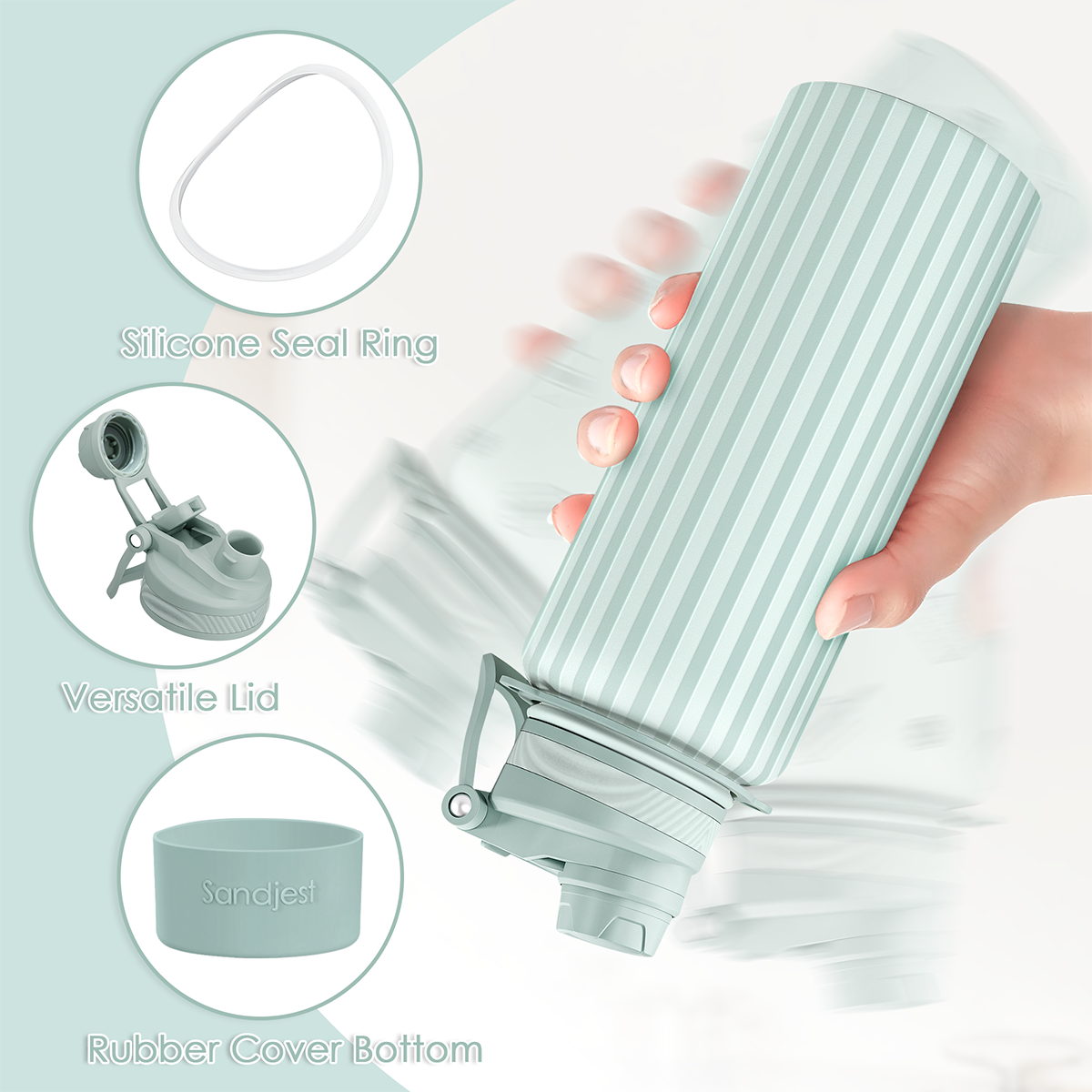 Light blue water bottle with features highlighted on a light gray background