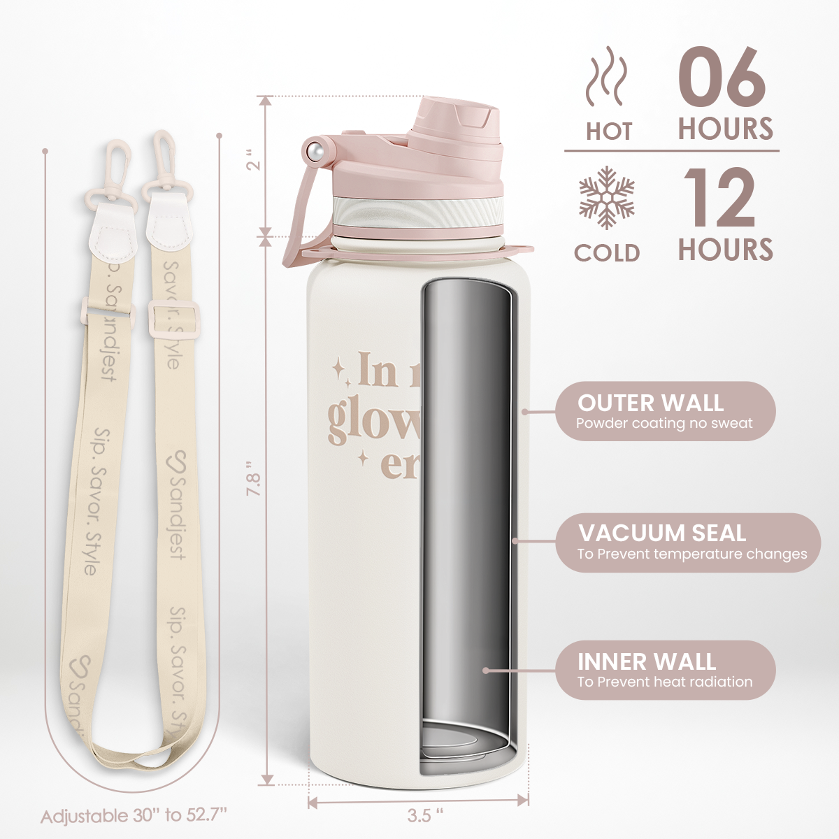 White insulated bottle with pink lid and strap, featuring text and temperature retention information.