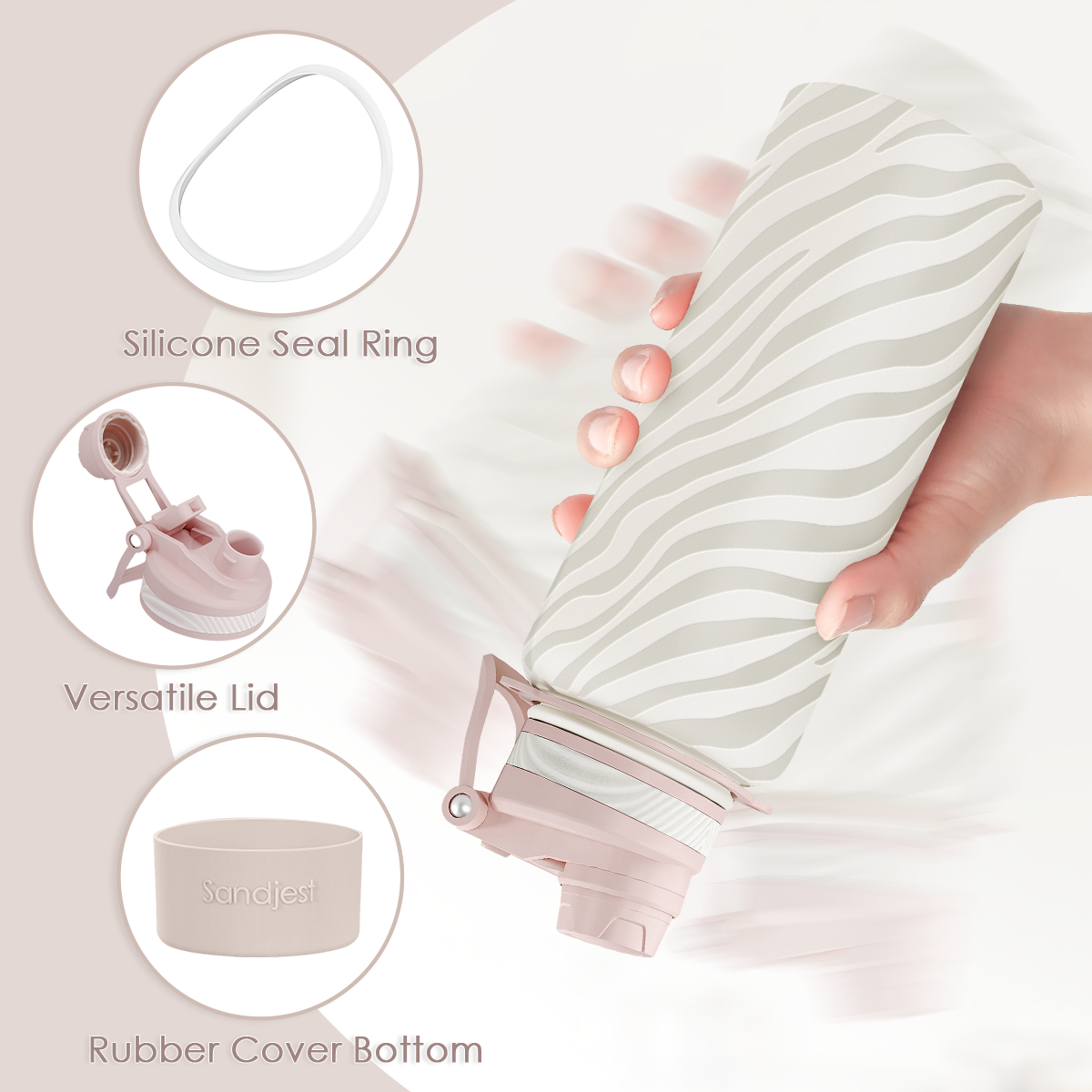 Product with silicone seal ring, versatile lid, and rubber cover bottom features.