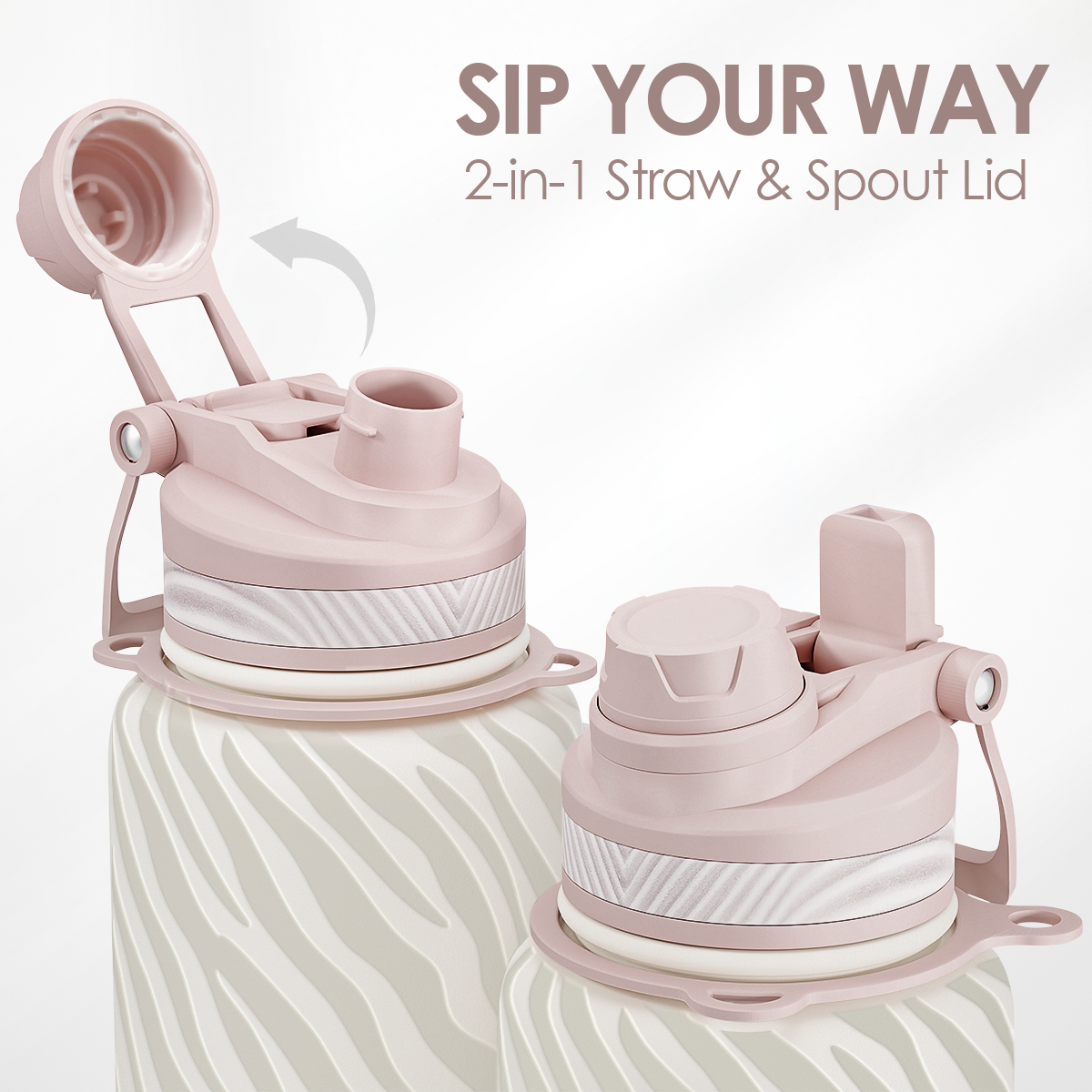 Pink 2-in-1 straw and spout lid on a white background with text 'Sip Your Way'.