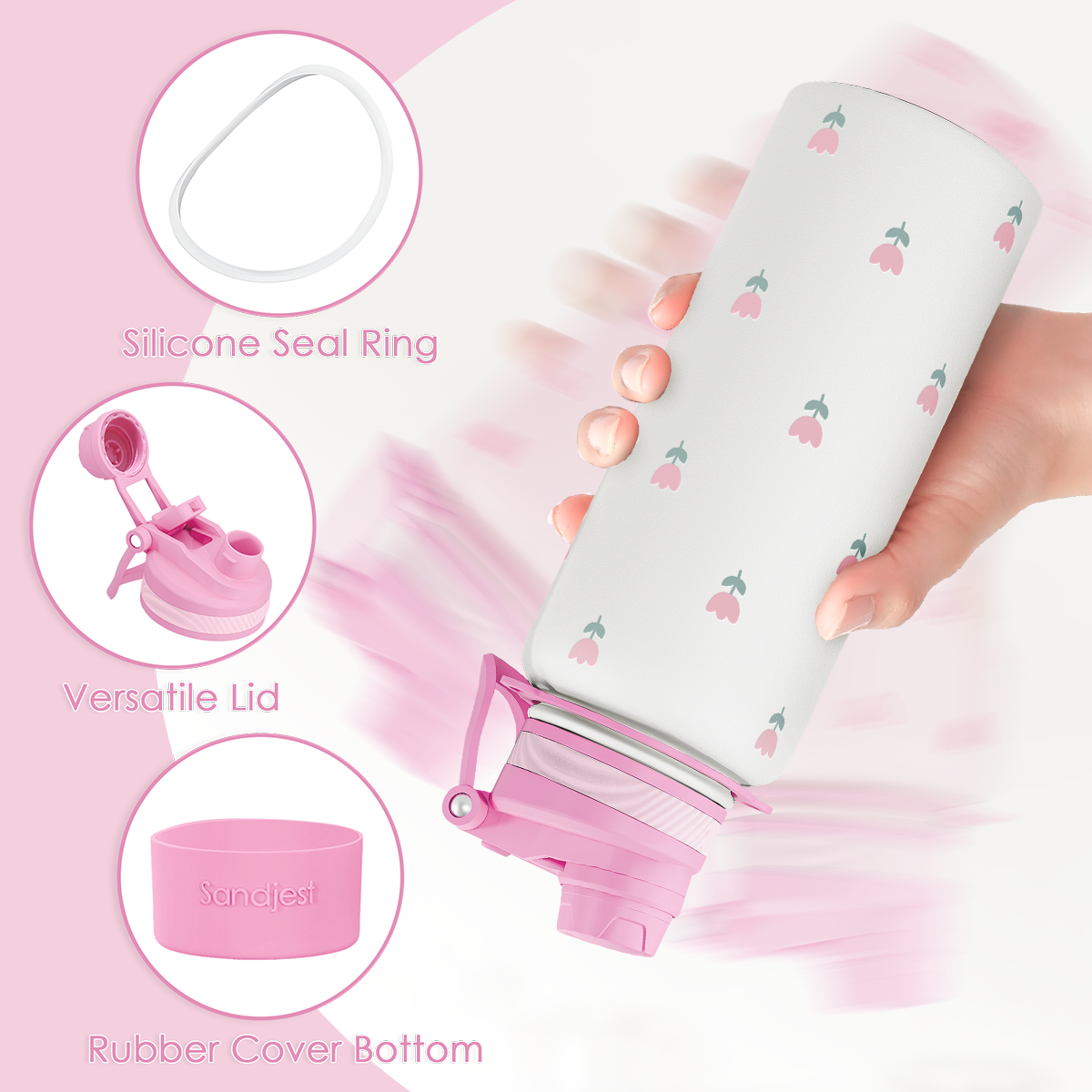 Pink and white container with floral design, held by a hand, on a pink background with product features highlighted.