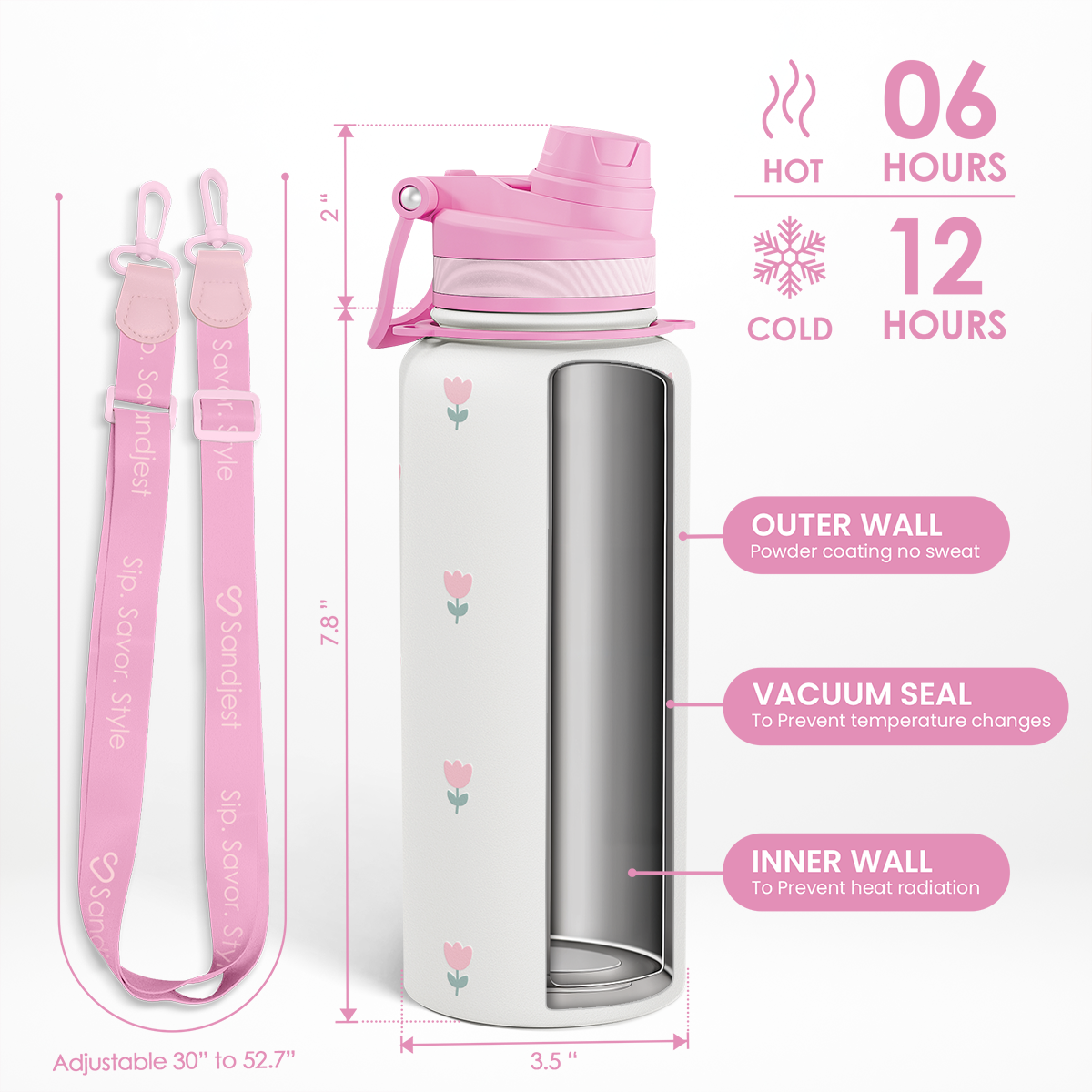 Tulip Stainless Steel Water Bottle with Strap 32oz, Insulated Bottles with Straw and Spout Lid for Gym Sports Travel Outdoor, Gifts for Women Girls Birthday Christmas