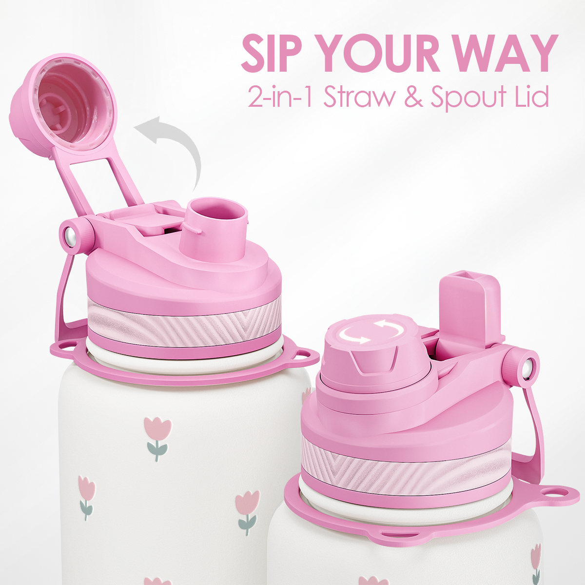 Pink 2-in-1 straw and spout lid for a water bottle on a white background with text 'Sip Your Way'.