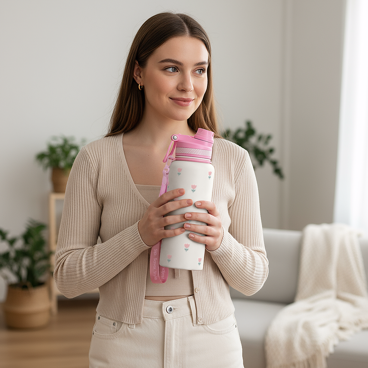 Woman holding a pink and white insulated bag in a cozy living room.