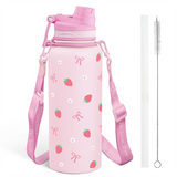 Pink water bottle with strawberry pattern and strap, accompanied by a cleaning brush on a white background.