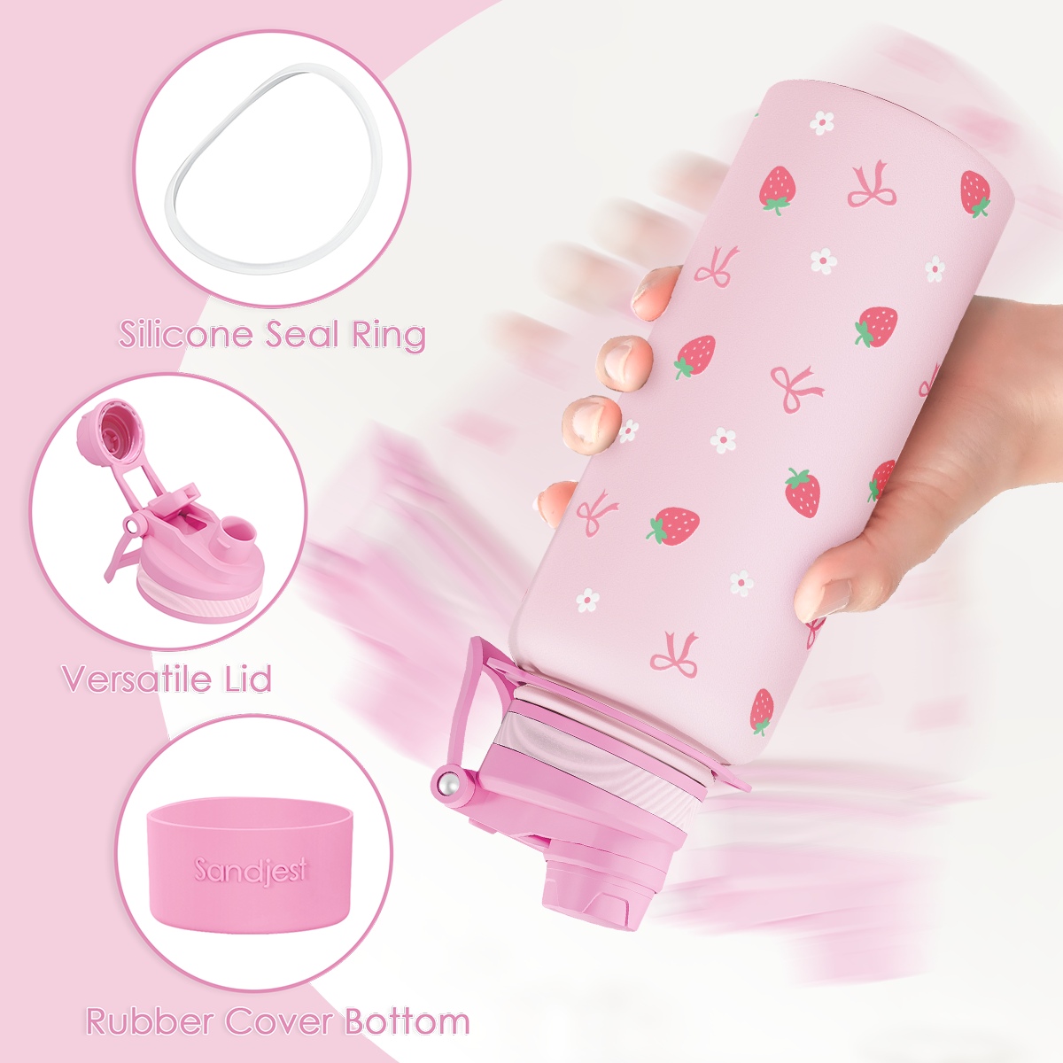 Pink silicone seal ring, versatile lid, and rubber cover bottom on a pink background