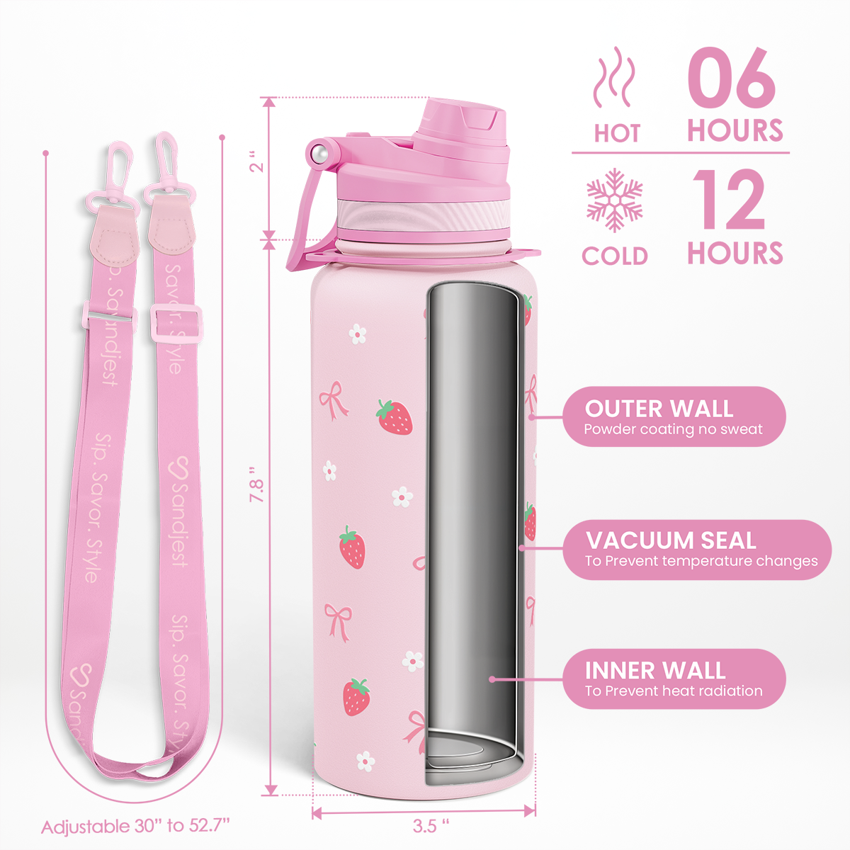 Pink water bottle with strawberry design, strap, and temperature retention details on a white background
