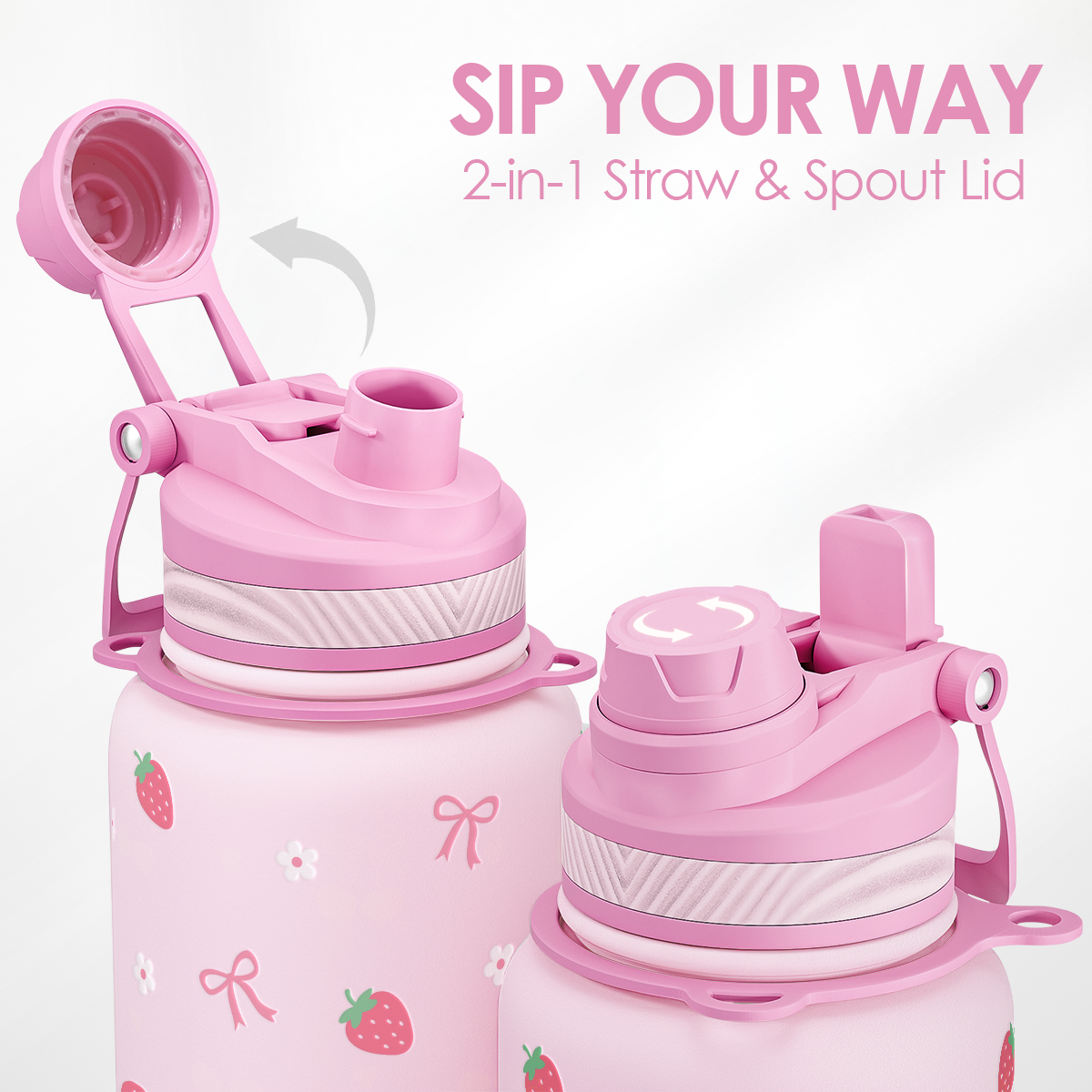 Pink water bottle with 2-in-1 straw and spout lid on a white background
