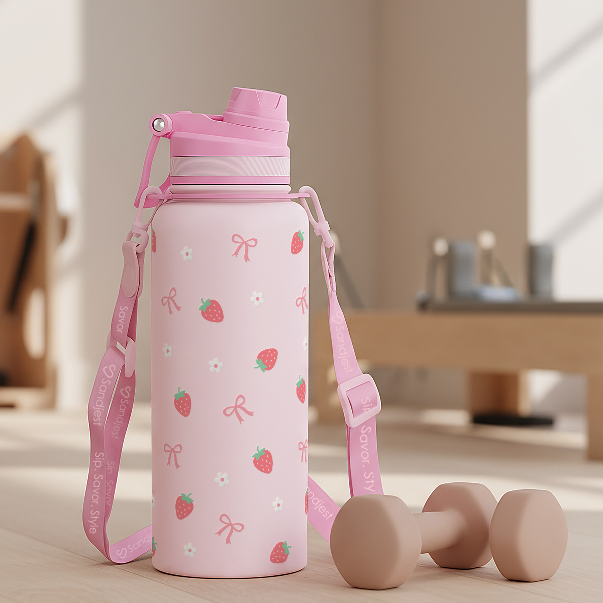 Pink water bottle with strawberry pattern and strap, placed on a wooden floor.