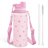 Pink water bottle with heart pattern, strap, and cleaning brush on a white background