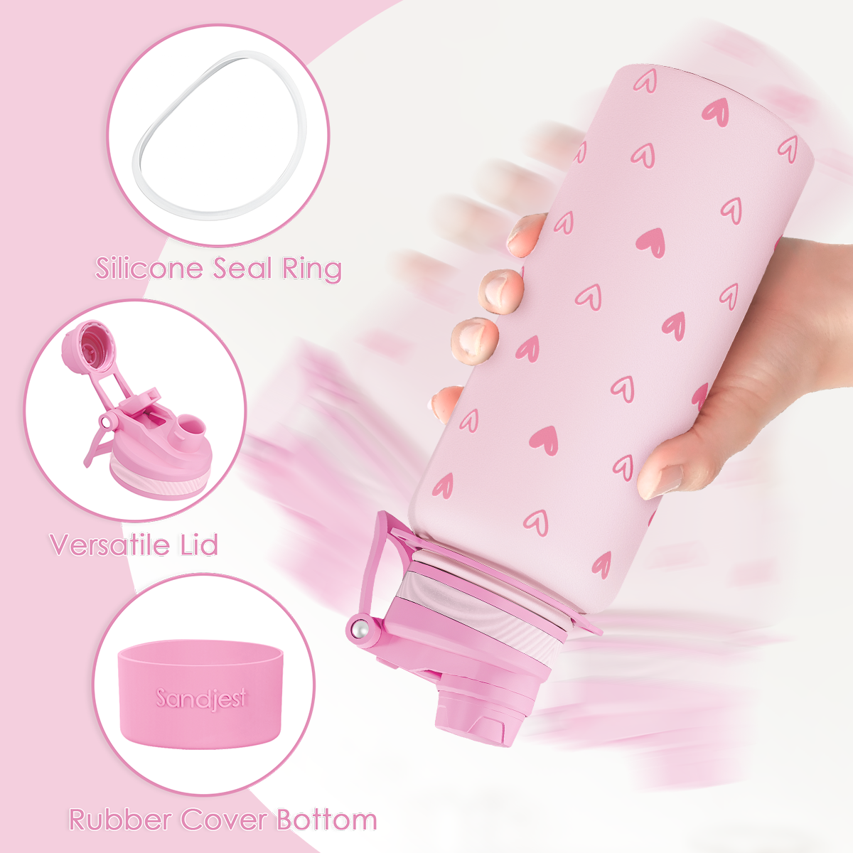Pink silicone container with heart patterns, held by a hand, on a pink background.
