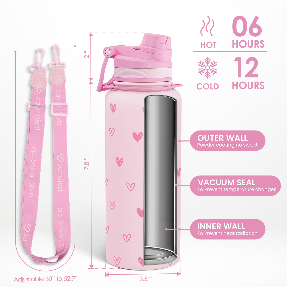 Pink water bottle with heart patterns, strap, and temperature retention details on a white background