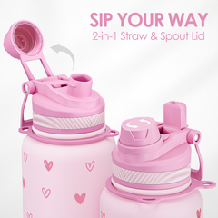 Pink water bottle with 2-in-1 straw and spout lid on a white background
