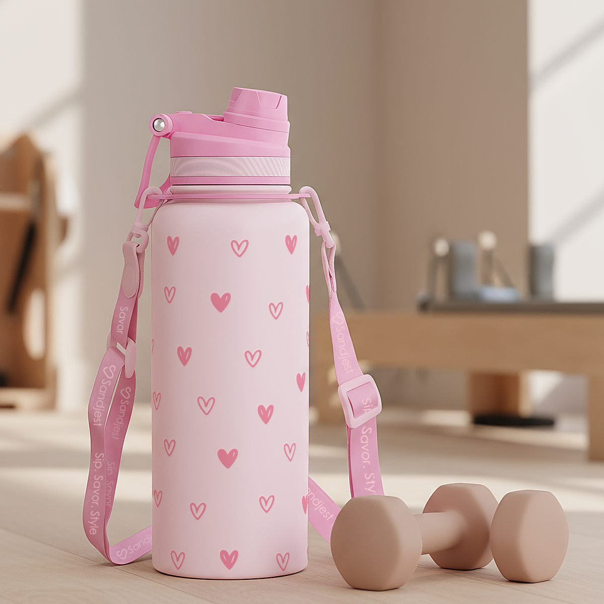 Pink water bottle with heart patterns and a matching strap, placed on a light wooden floor.