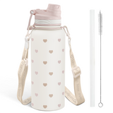 Beige Heart Stainless Steel Water Bottle with Strap 32oz, Insulated Bottles with Straw and Spout Lid for Gym Sports Travel Outdoor, Gifts for Women Girls Birthday Christmas