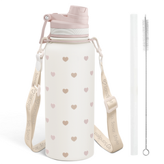 Beige Heart Stainless Steel Water Bottle with Strap 32oz, Insulated Bottles with Straw and Spout Lid for Gym Sports Travel Outdoor, Gifts for Women Girls Birthday Christmas