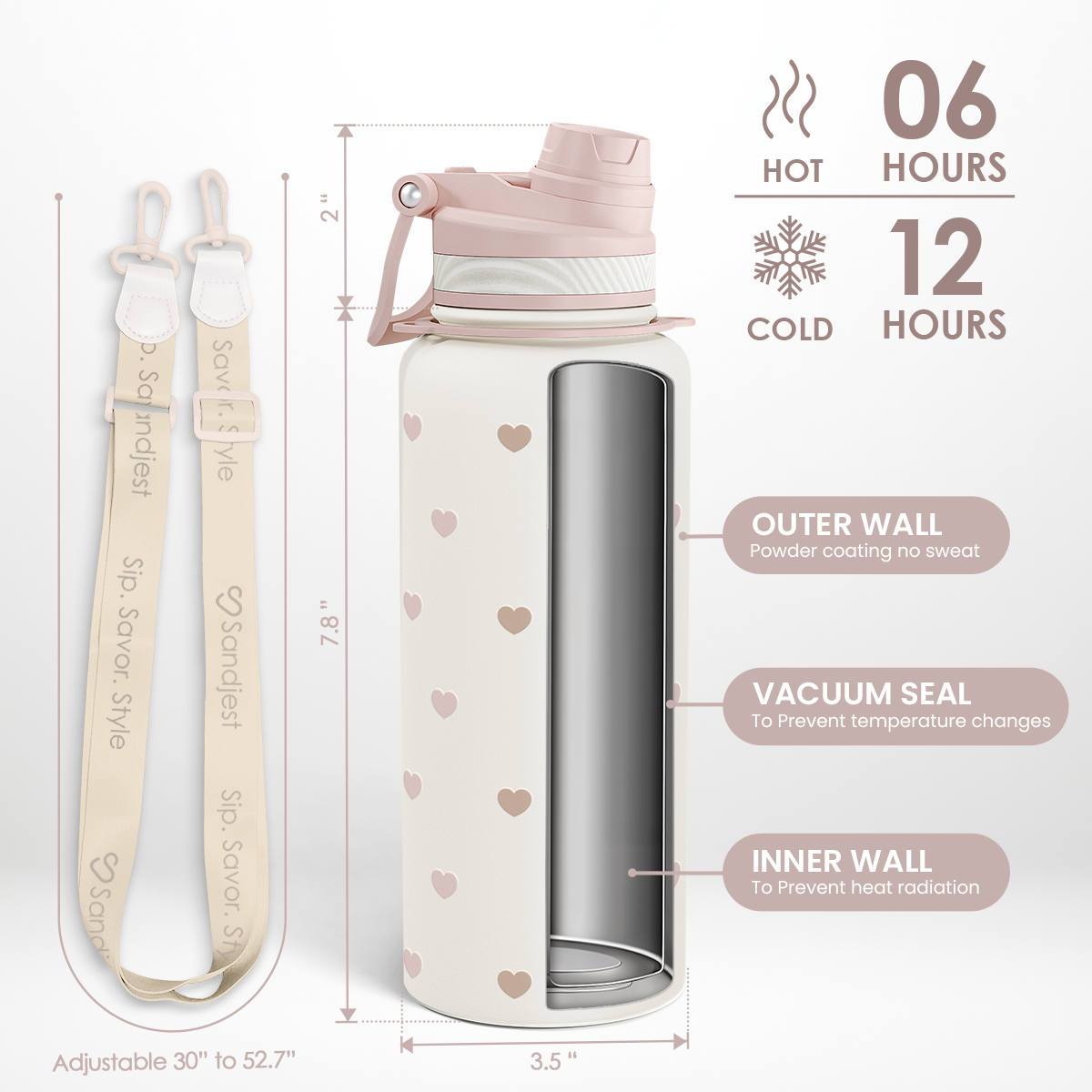 Beige Heart Stainless Steel Water Bottle with Strap 32oz, Insulated Bottles with Straw and Spout Lid for Gym Sports Travel Outdoor, Gifts for Women Girls Birthday Christmas