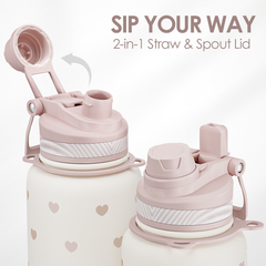 Beige Heart Stainless Steel Water Bottle with Strap 32oz, Insulated Bottles with Straw and Spout Lid for Gym Sports Travel Outdoor, Gifts for Women Girls Birthday Christmas