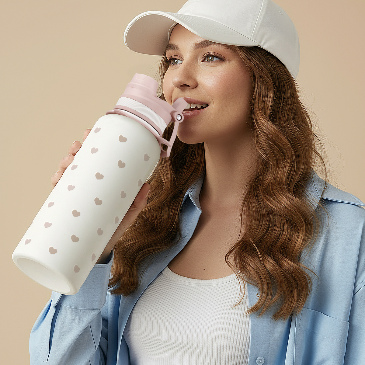 Beige Heart Stainless Steel Water Bottle with Strap 32oz, Insulated Bottles with Straw and Spout Lid for Gym Sports Travel Outdoor, Gifts for Women Girls Birthday Christmas