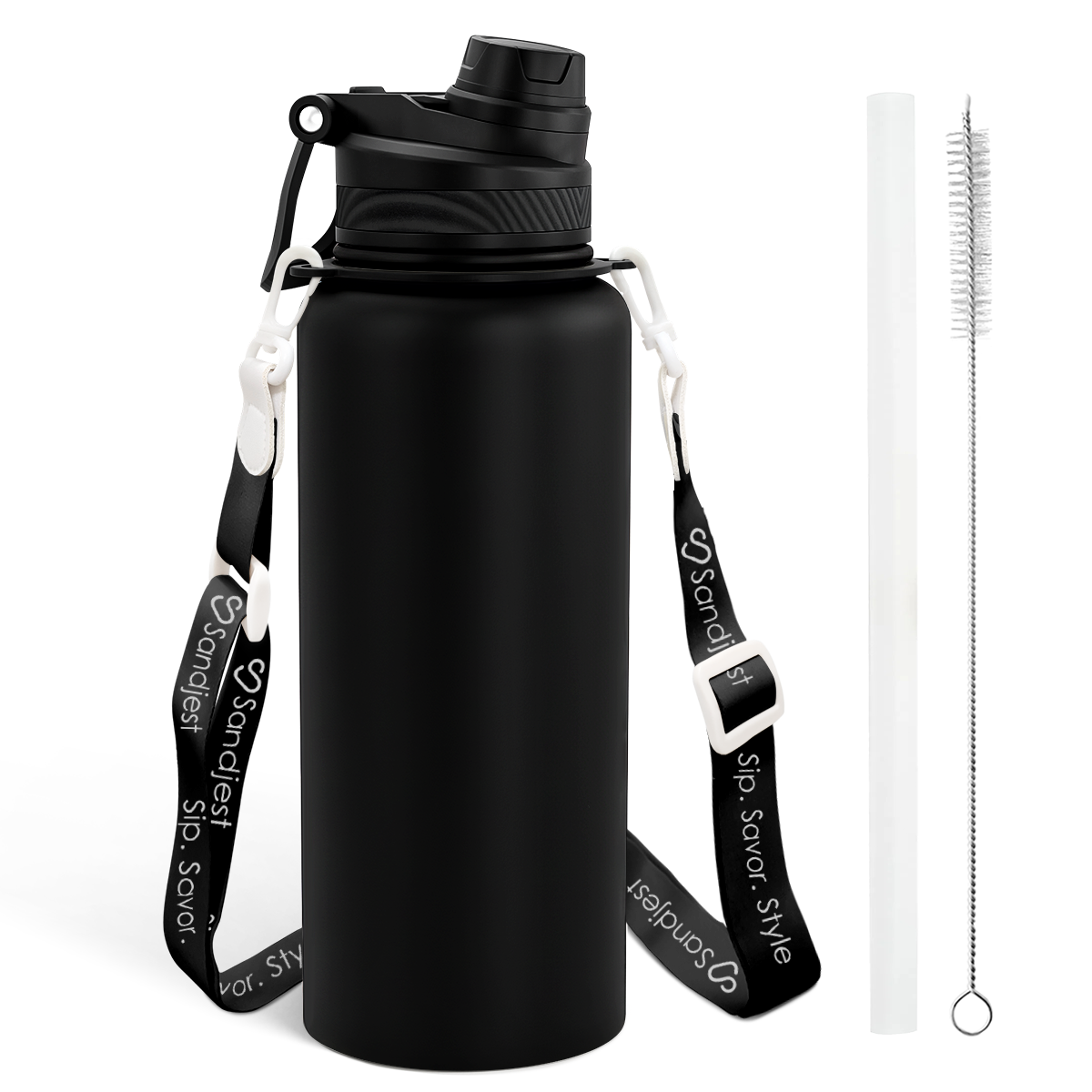 Black water bottle with a strap, straw, and cleaning brush on a white background