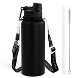 Black water bottle with a strap, straw, and cleaning brush on a white background