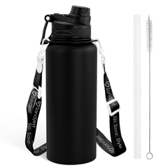 Stainless Steel Water Bottle with Strap 32oz, Insulated Bottles with Straw and Spout Lid for Gym Sports Travel Outdoor, Gifts for Women Girls Birthday Christmas (Black)