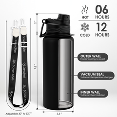 Stainless Steel Water Bottle with Strap 32oz, Insulated Bottles with Straw and Spout Lid for Gym Sports Travel Outdoor, Gifts for Women Girls Birthday Christmas (Black)