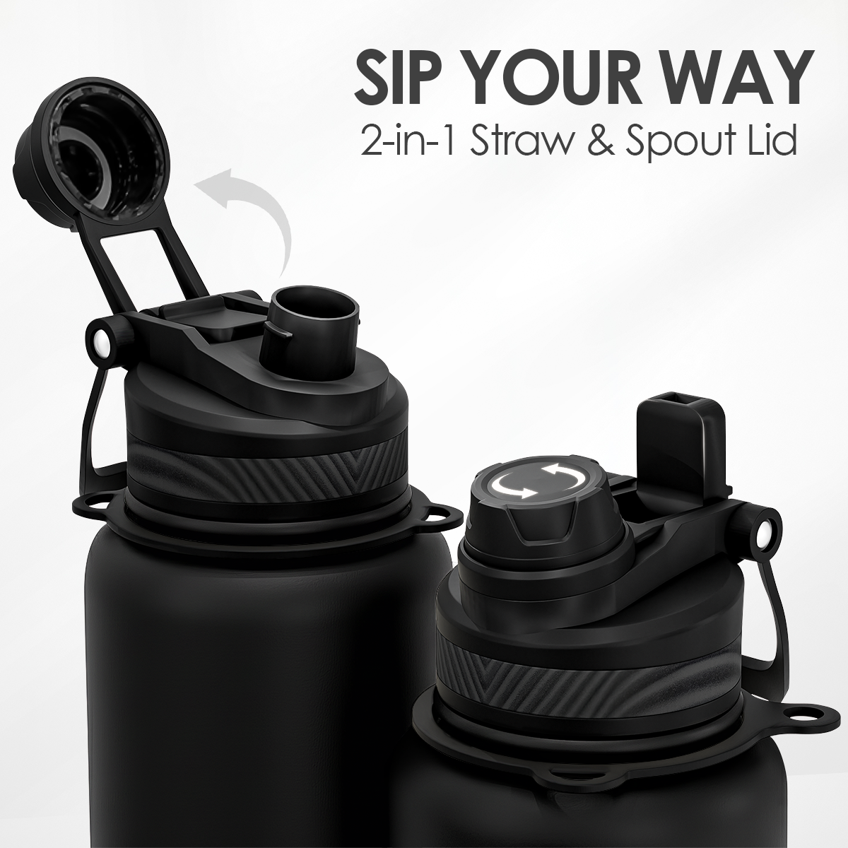 Black 2-in-1 straw and spout lid for a water bottle with text 'Sip Your Way' on a white background.