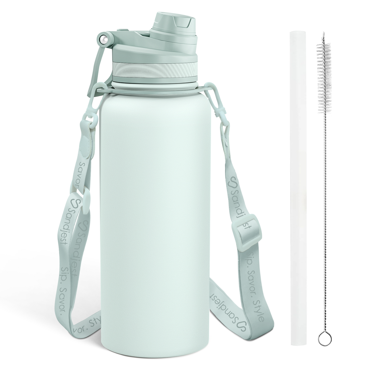 Light blue water bottle with strap, straw, and cleaning brush on a white background